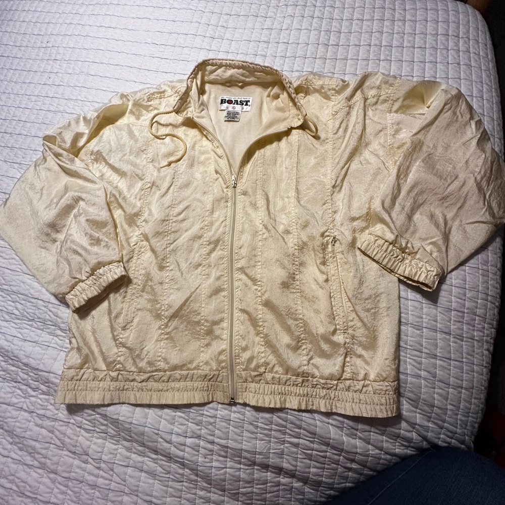 Vintage Boast Windbreaker Jacket Cream‎ Nylon Jersey Lined Full Zip Large 6010S